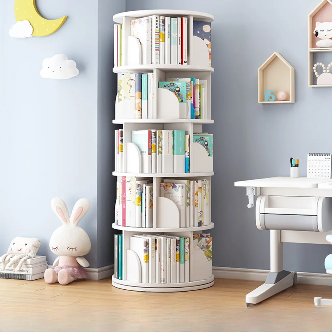 Space-saving Rotating Wood Vertical Corner Bookcase in Multi-Layer Image - 2 | homeyfad
