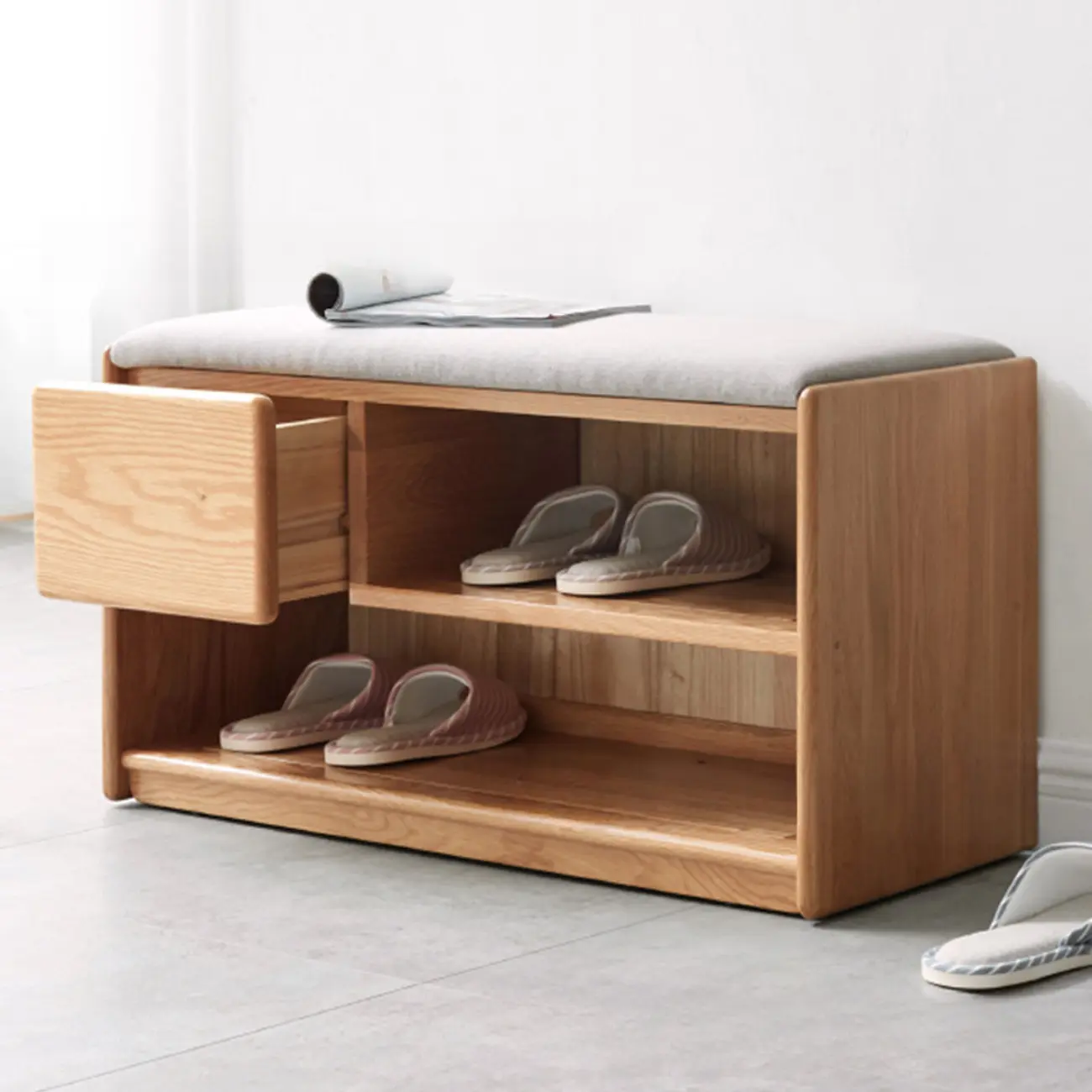 Scandinavian Oak Shoe Storage Bench with Cushion Image - 3 | homeyfad
