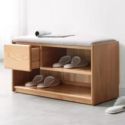 Scandinavian Oak Shoe Storage Bench with Cushion Image - 3