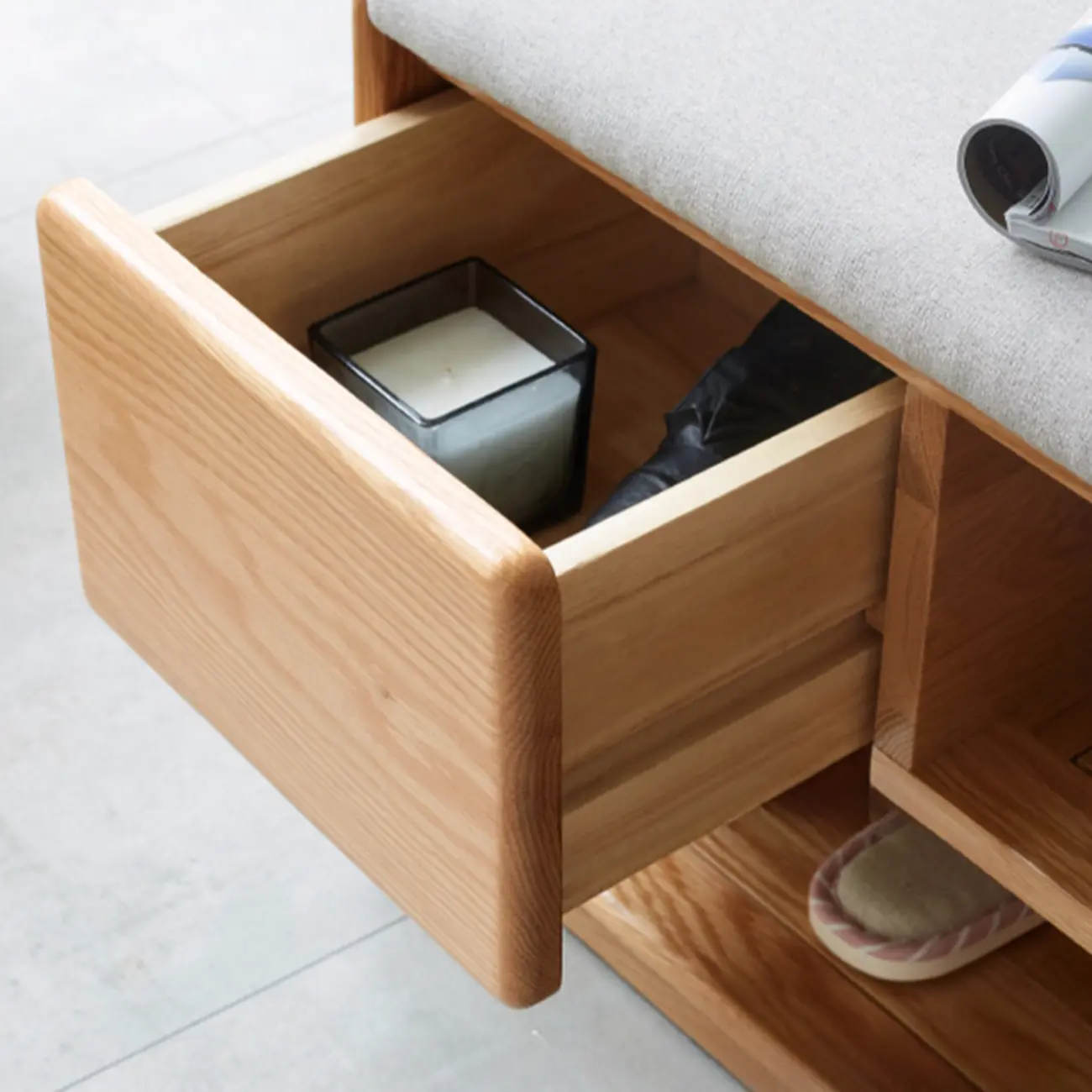 Scandinavian Oak Shoe Storage Bench with Cushion Image - 7 | homeyfad