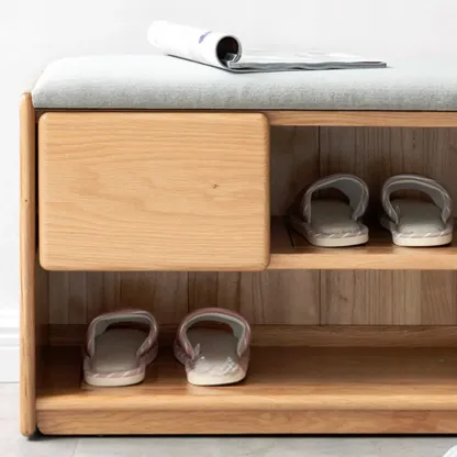 Scandinavian Oak Shoe Storage Bench with Cushion Image - 11