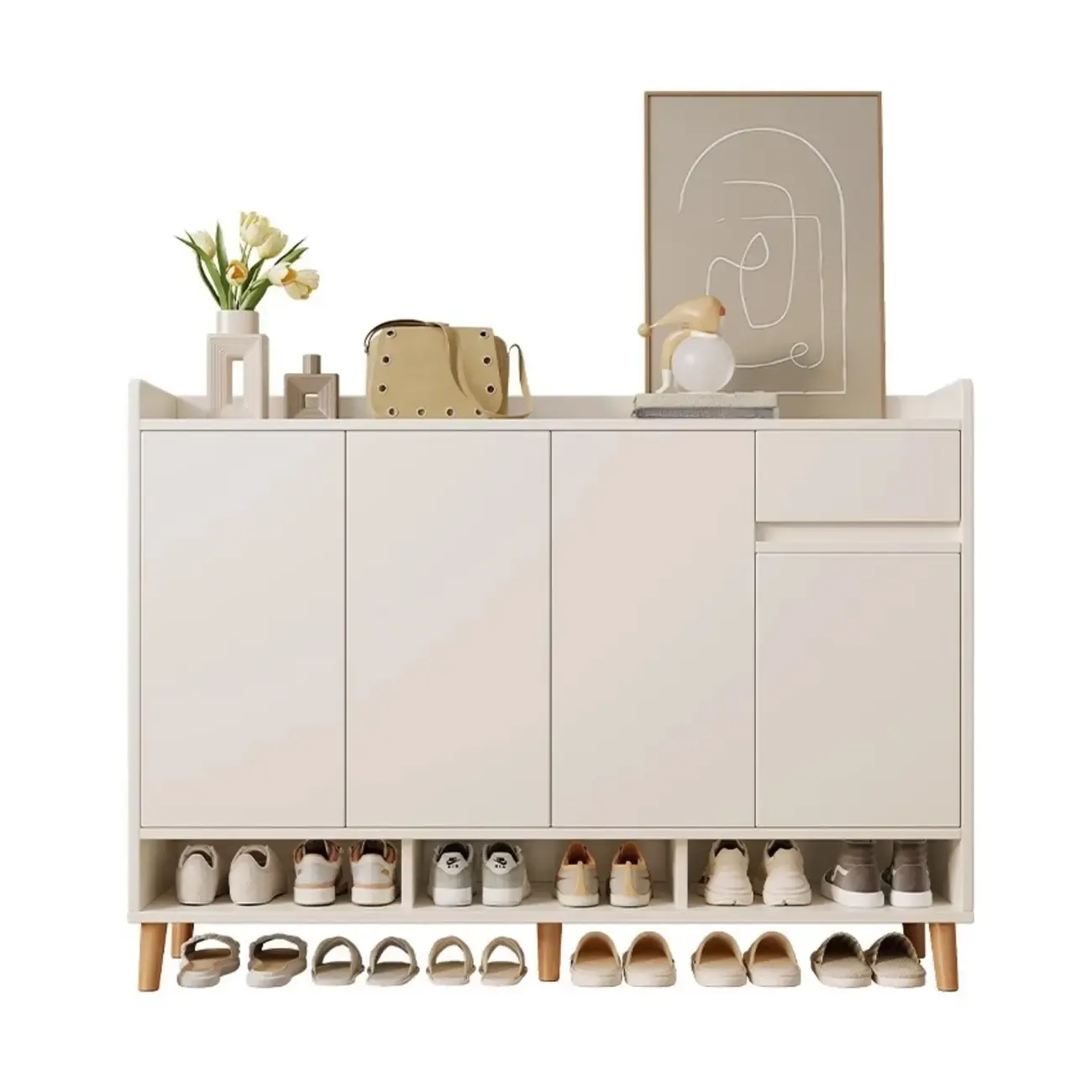 Vertical Modern White Wood Entryway Shoe Cabinet Image - 5