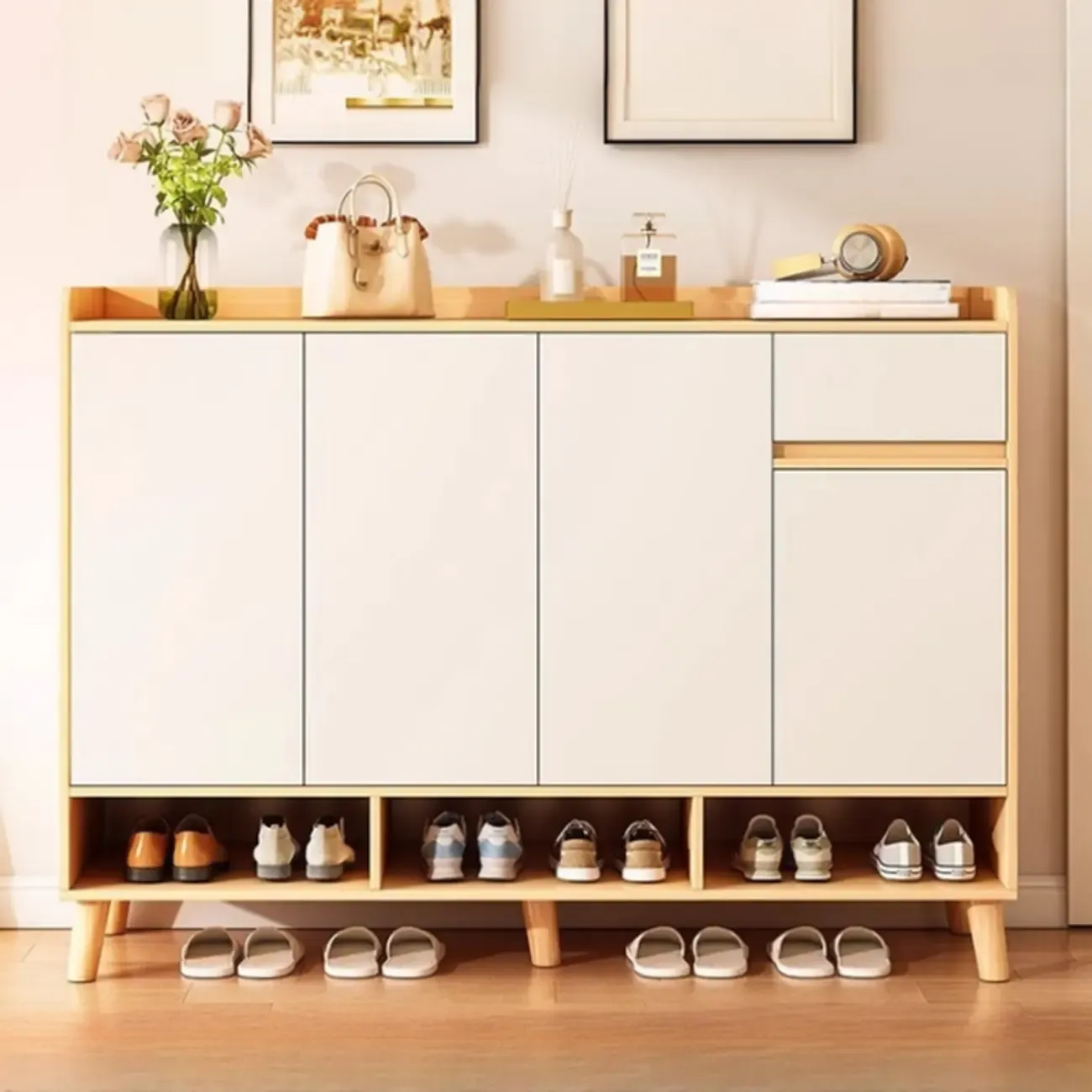 Vertical Modern White Wood Entryway Shoe Cabinet Image - 14