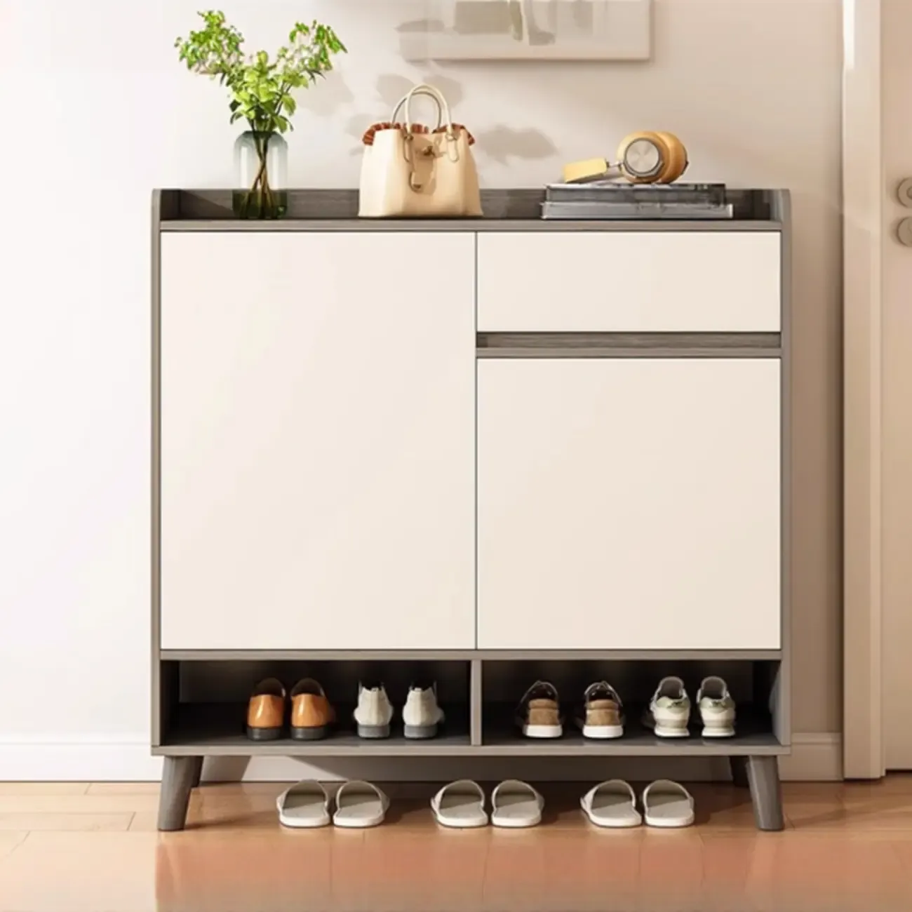 Vertical Modern White Wood Entryway Shoe Cabinet Image - 19
