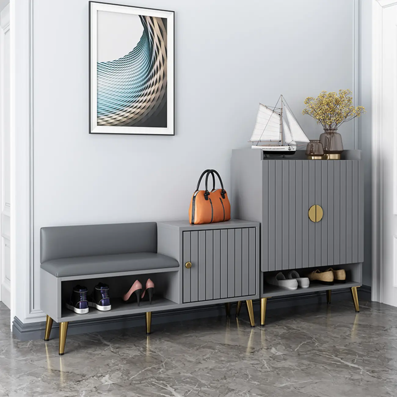 Grey Entryway Shoe Storage Bench with Cushioned Seat Image - 4 | homeyfad