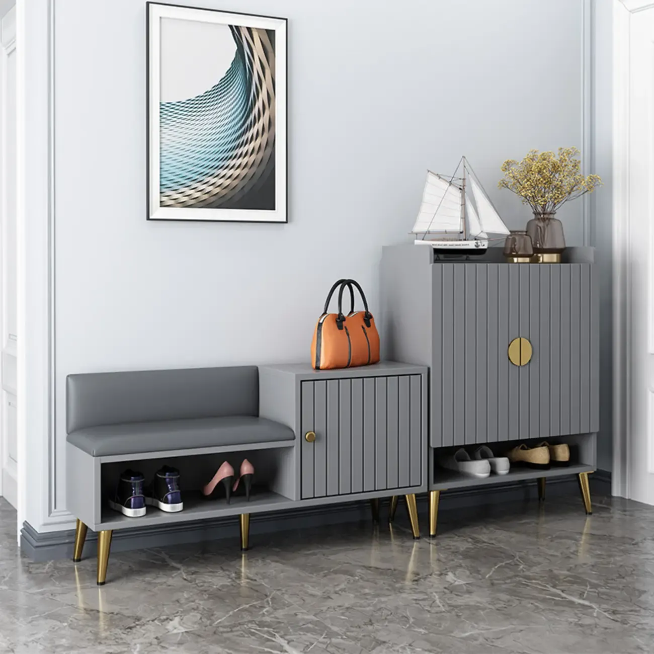 Grey Entryway Shoe Storage Bench with Cushioned Seat Image - 4