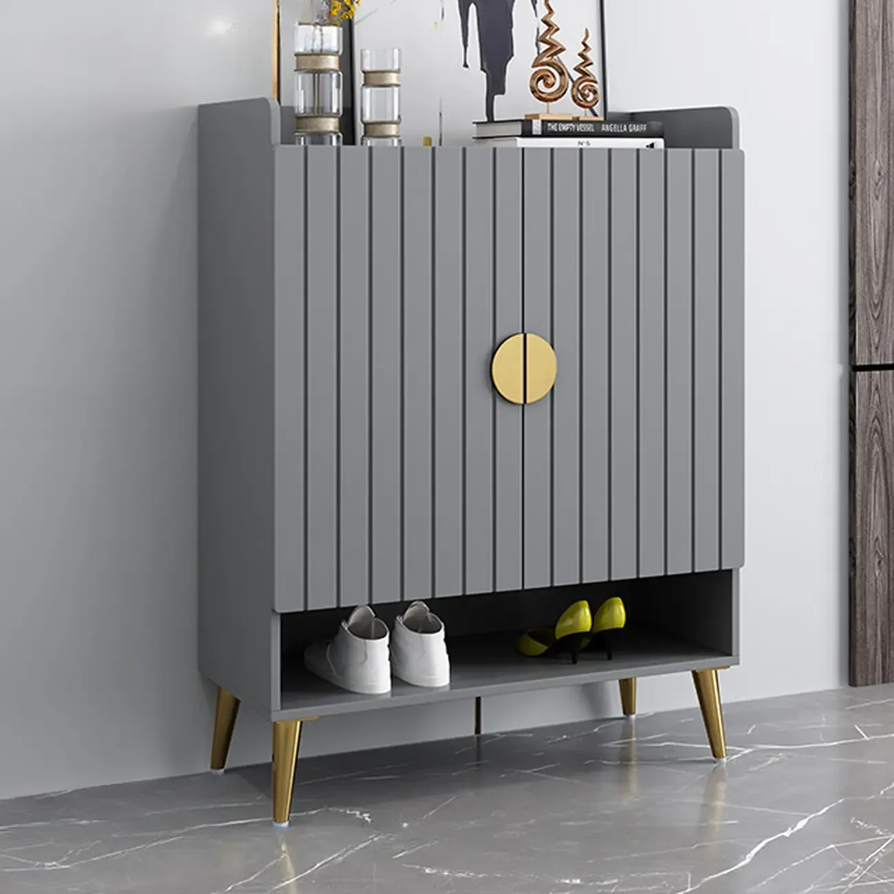 Grey Entryway Shoe Storage Bench with Cushioned Seat Image - 5