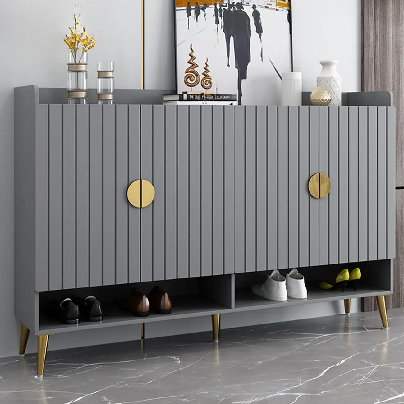 Grey Entryway Shoe Storage Bench with Cushioned Seat Image - 11
