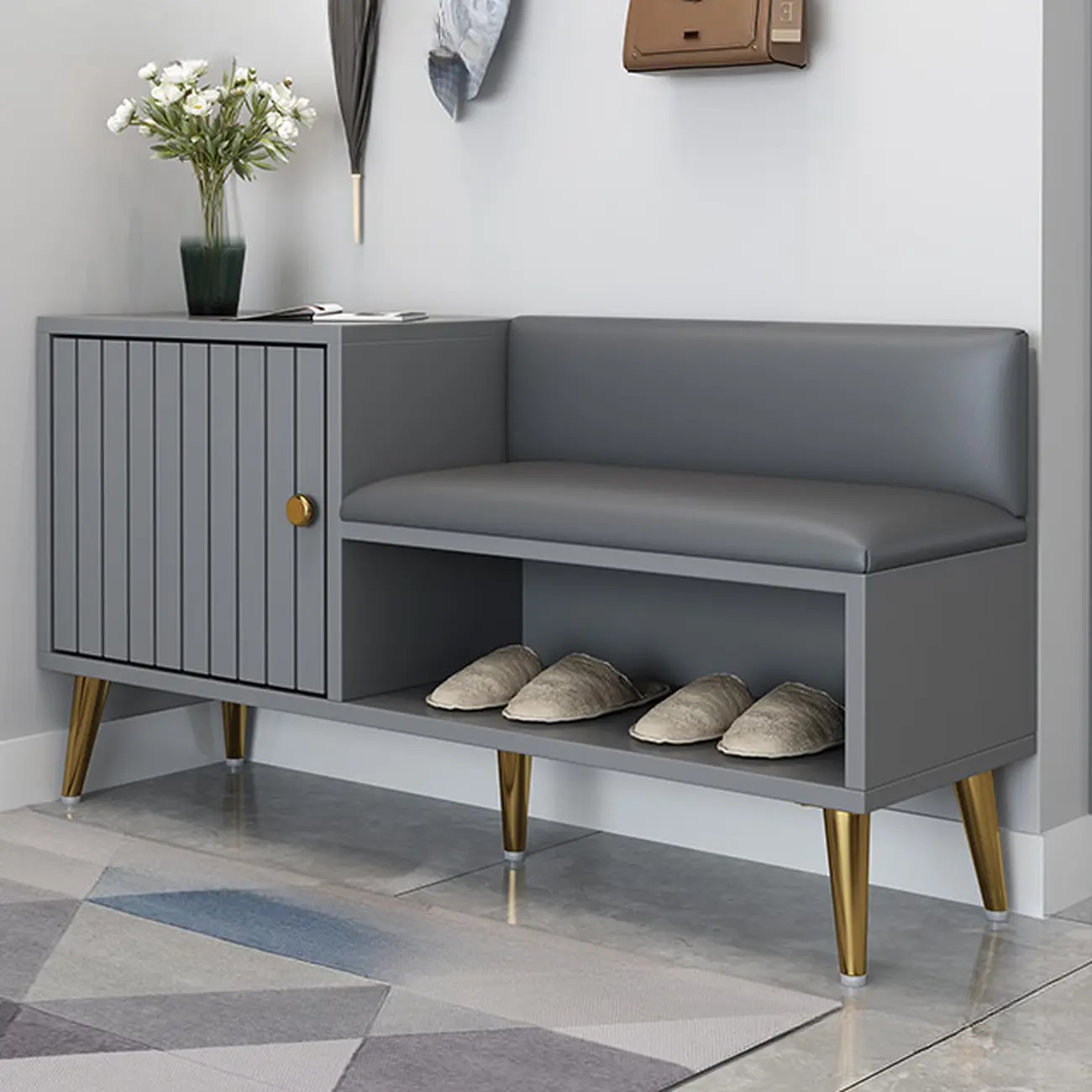 Grey Entryway Shoe Storage Bench with Cushioned Seat Image - 1 | homeyfad