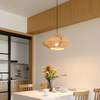 Adjustable Oriental Rattan & Metal Beige Pendant Light  Image - 2