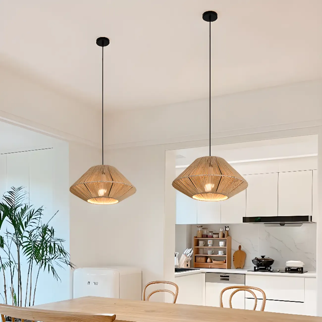 Adjustable Oriental Rattan & Metal Beige Pendant Light  Image - 3