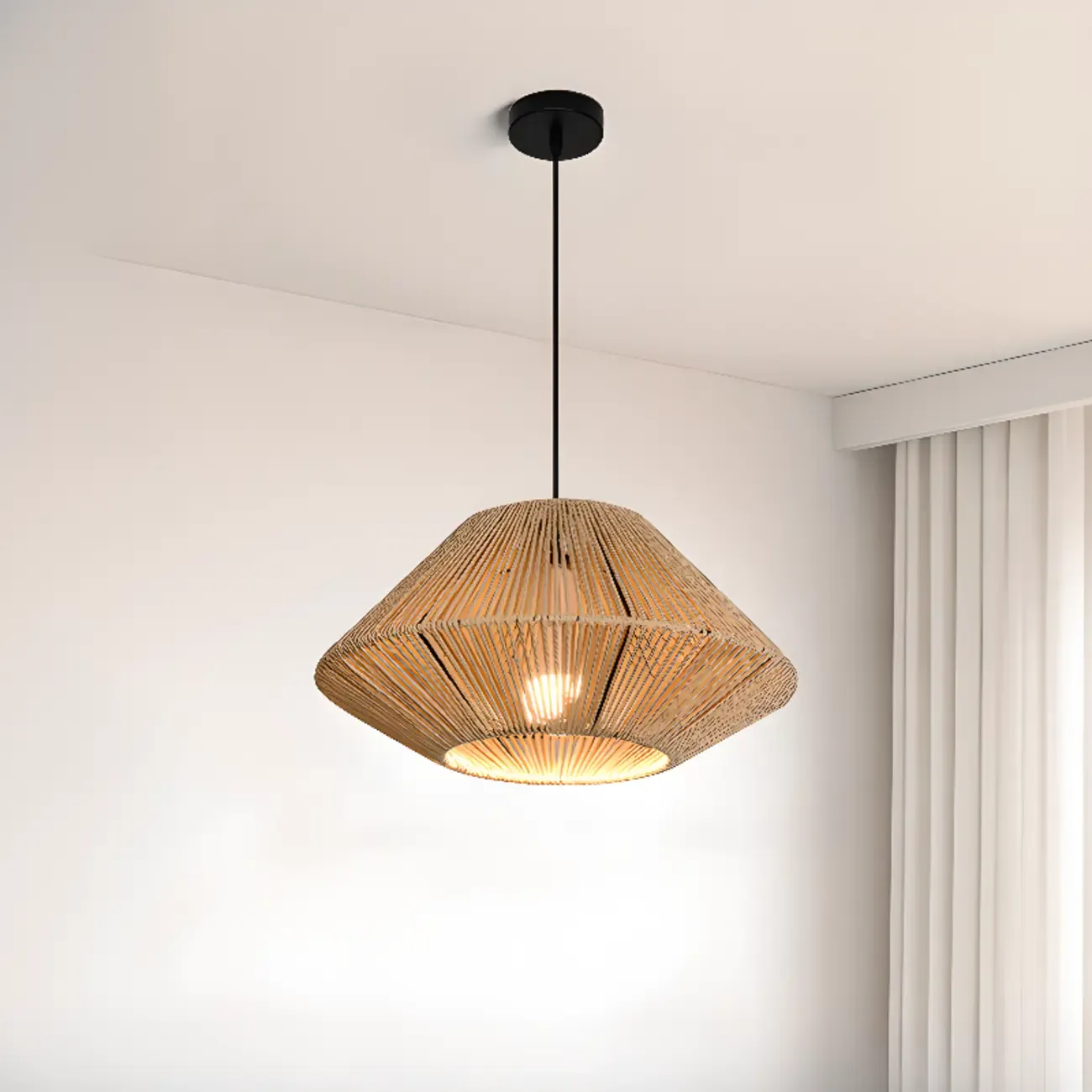 Adjustable Oriental Rattan & Metal Beige Pendant Light  Image - 4