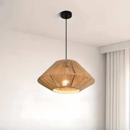Adjustable Oriental Rattan & Metal Beige Pendant Light  Image - 4