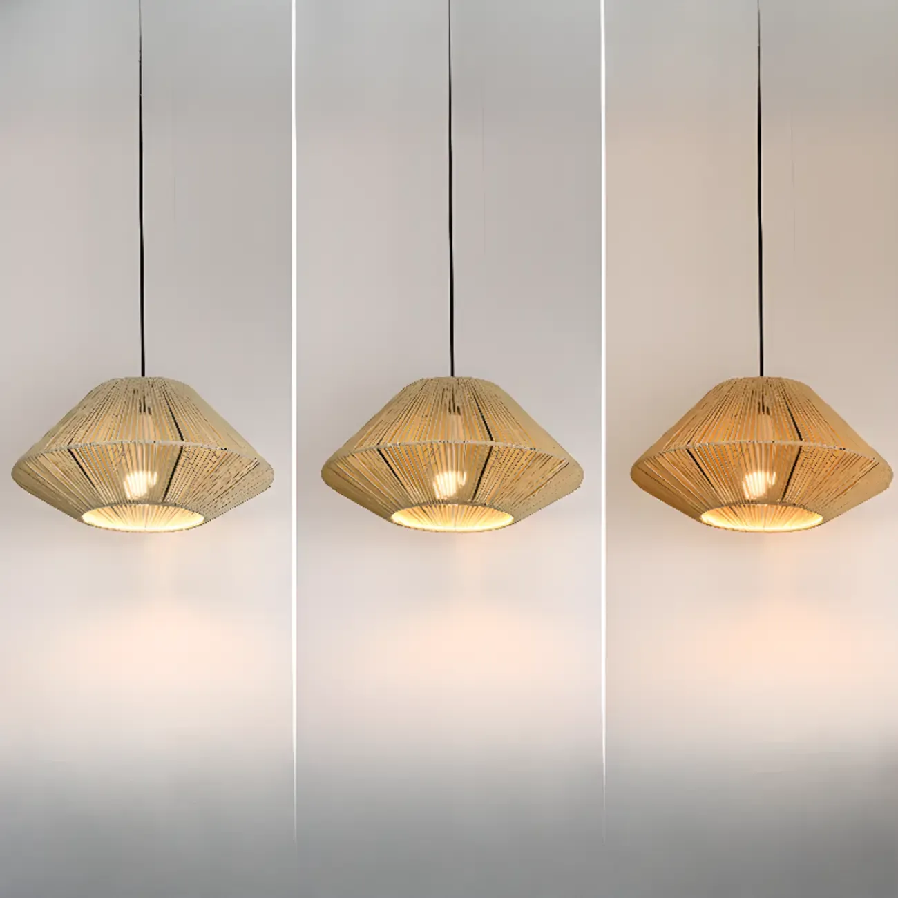 Adjustable Oriental Rattan & Metal Beige Pendant Light  Image - 6