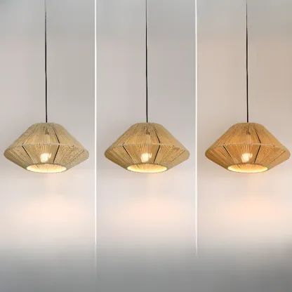 Adjustable Oriental Rattan & Metal Beige Pendant Light  Image - 6