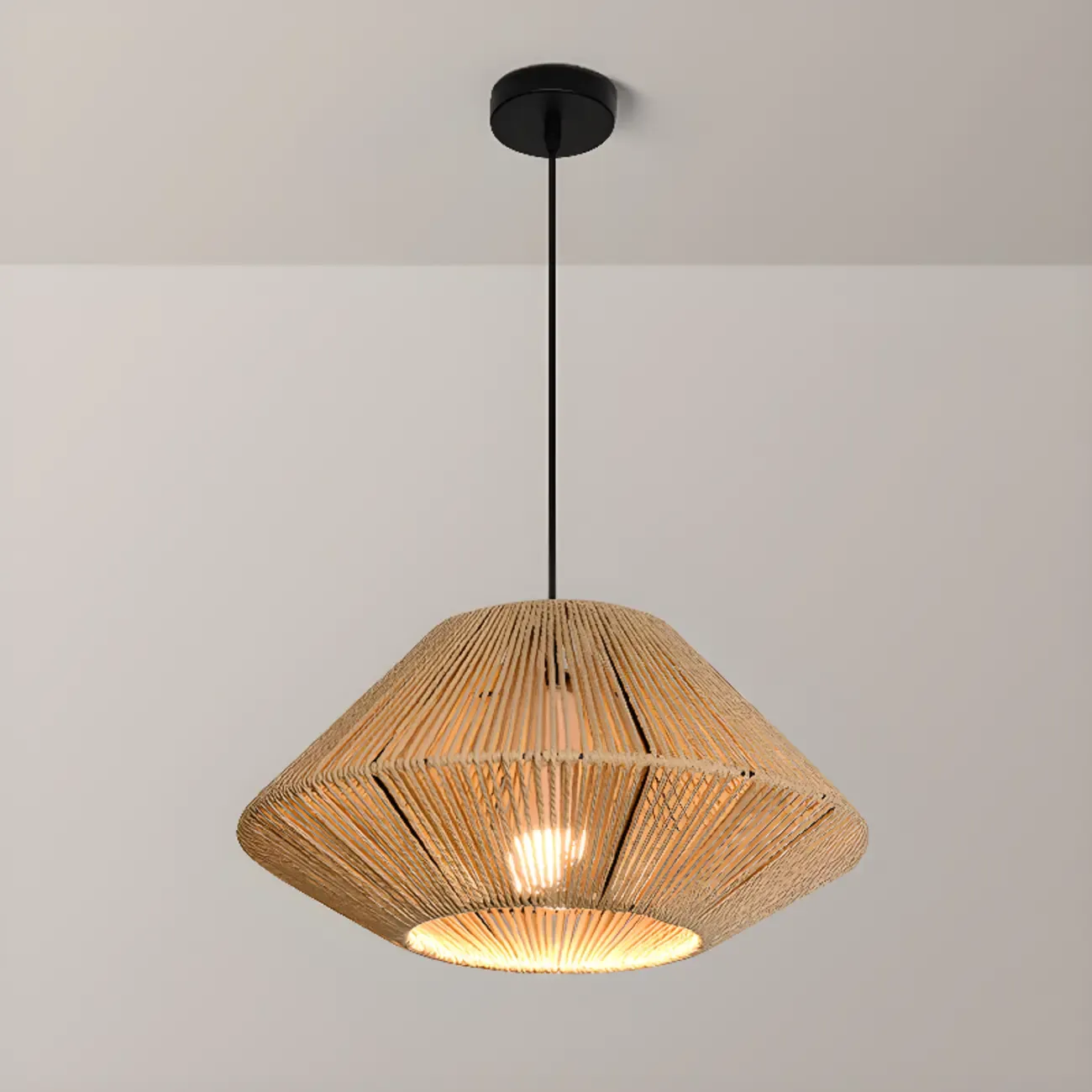 Adjustable Oriental Rattan & Metal Beige Pendant Light  Image - 8