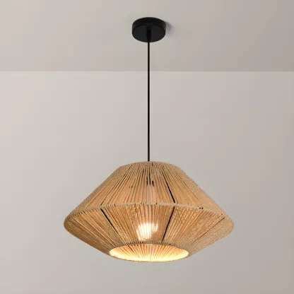 Adjustable Oriental Rattan & Metal Beige Pendant Light  Image - 8