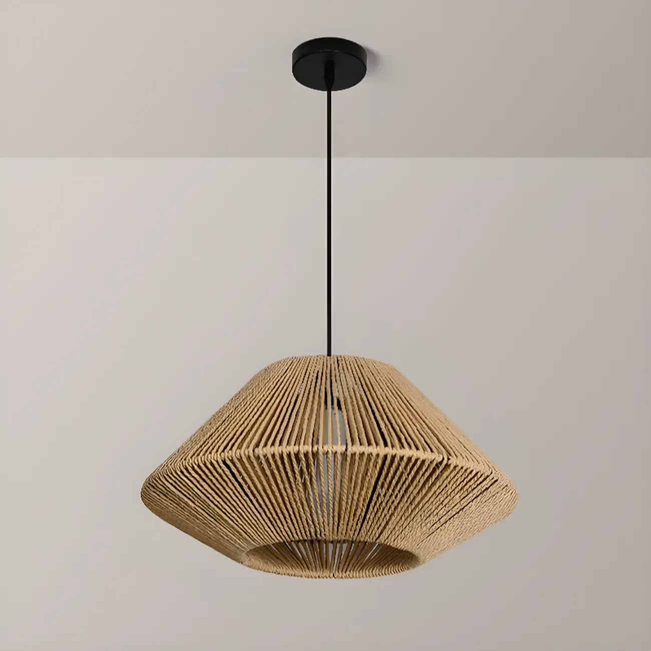 Adjustable Oriental Rattan & Metal Beige Pendant Light  Image - 9