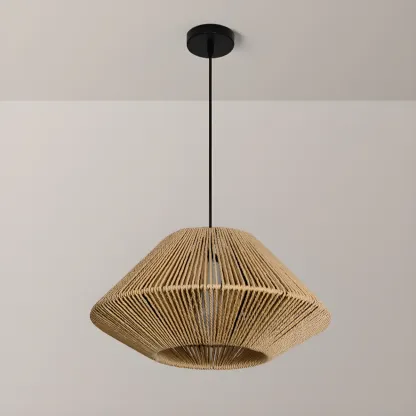 Adjustable Oriental Rattan & Metal Beige Pendant Light  Image - 9