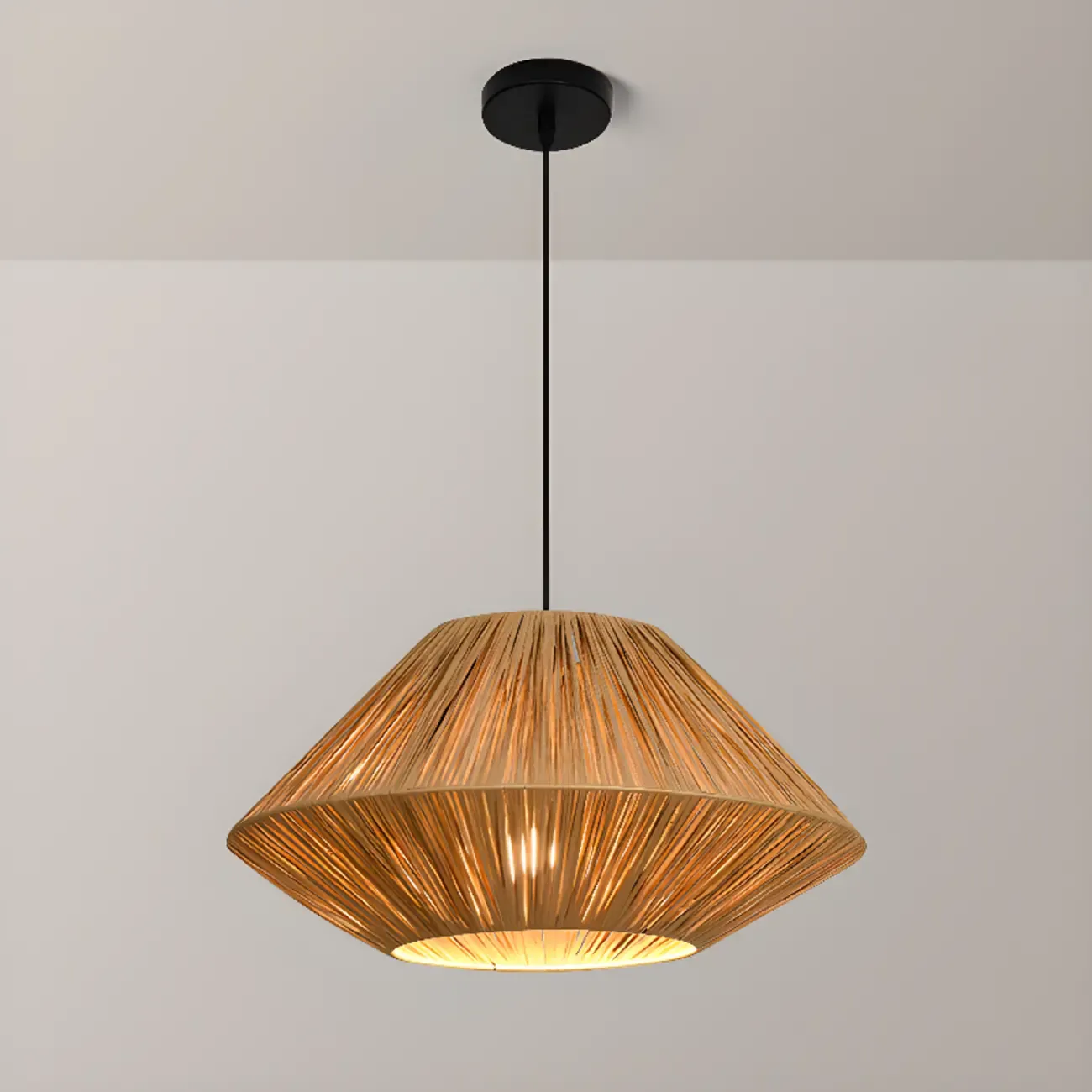 Adjustable Oriental Rattan & Metal Beige Pendant Light  Image - 10