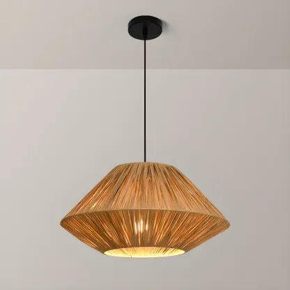 Adjustable Oriental Rattan & Metal Beige Pendant Light  Image - 10