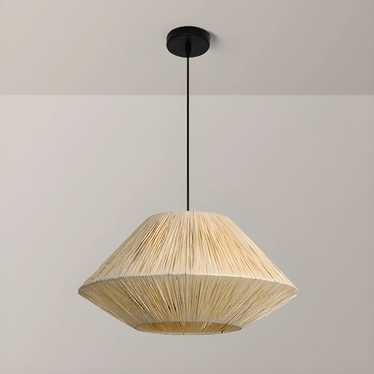Adjustable Oriental Rattan & Metal Beige Pendant Light  Image - 13