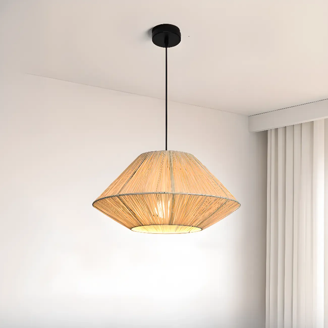 Adjustable Oriental Rattan & Metal Beige Pendant Light | HomeyFad