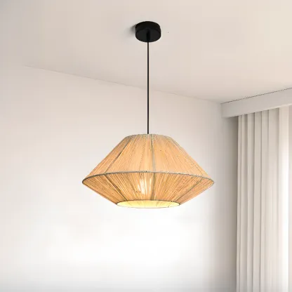 Adjustable Oriental Rattan & Metal Beige Pendant Light  Image - 17