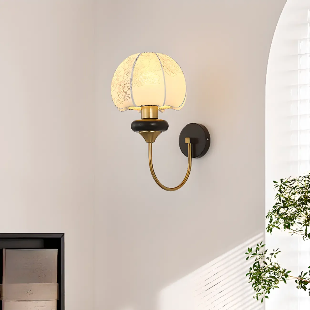 Vintage Floral Wall Sconce with Fabric Shade for Bedroom Image - 5