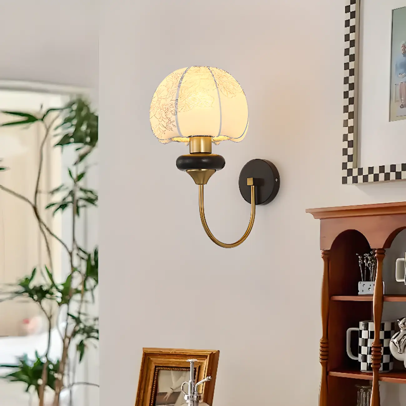 Vintage Floral Wall Sconce with Fabric Shade for Bedroom Image - 6 | homeyfad