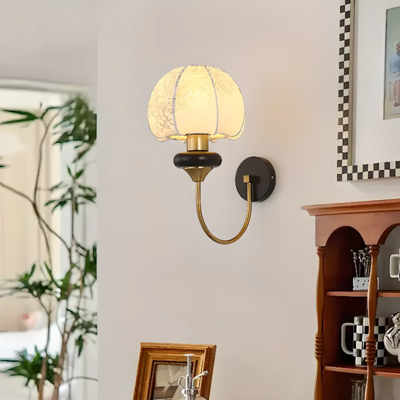 Vintage Floral Wall Sconce with Fabric Shade for Bedroom Image - 6