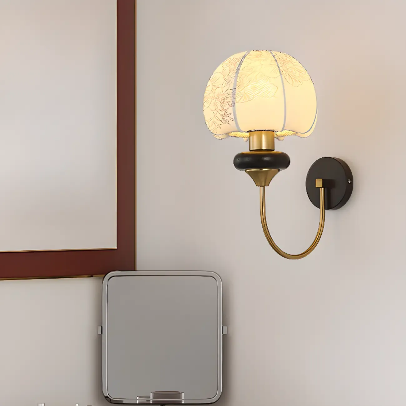 Vintage Floral Wall Sconce with Fabric Shade for Bedroom Image - 3