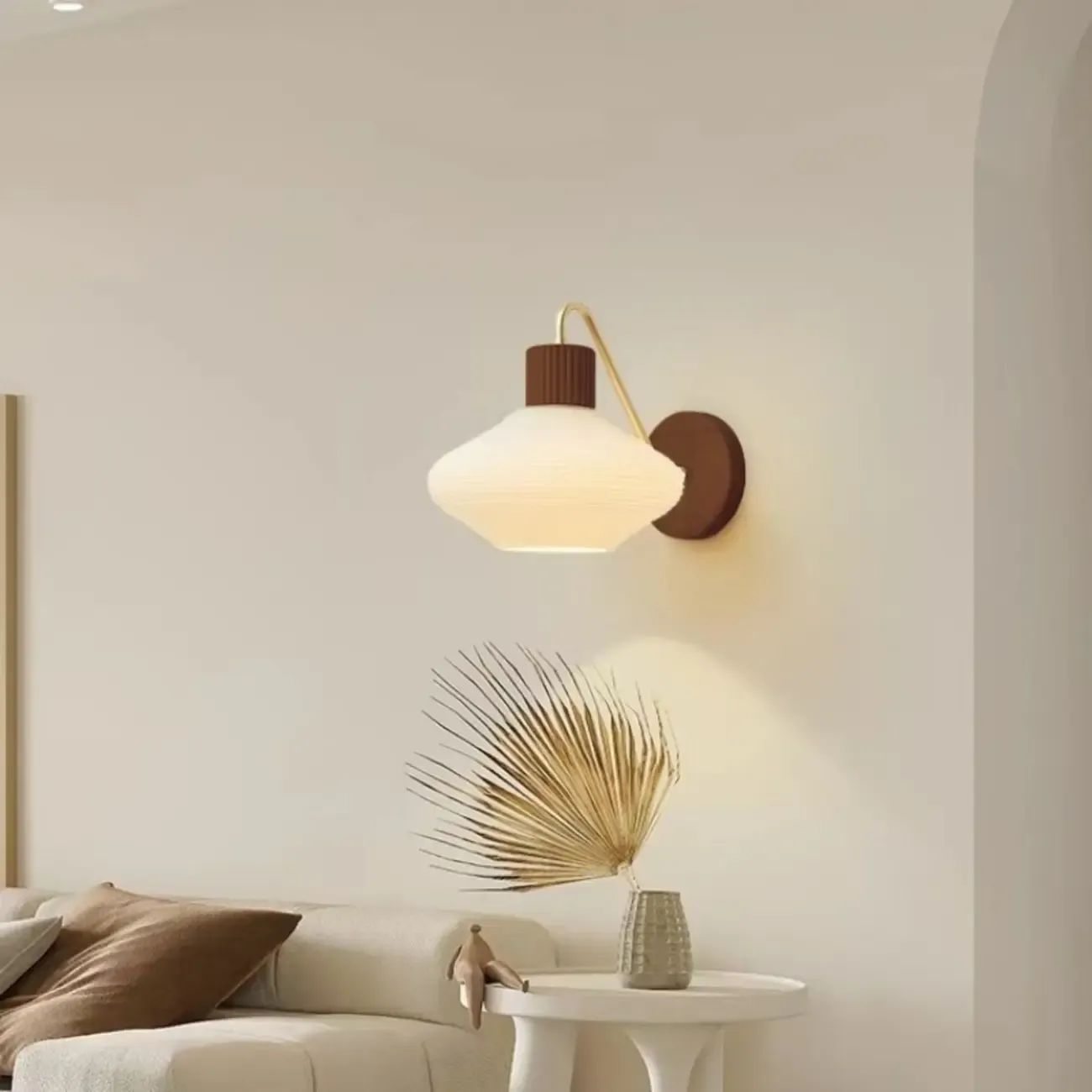 Modern Wood Wall Sconce with Chalk Glass Shade Image - 5