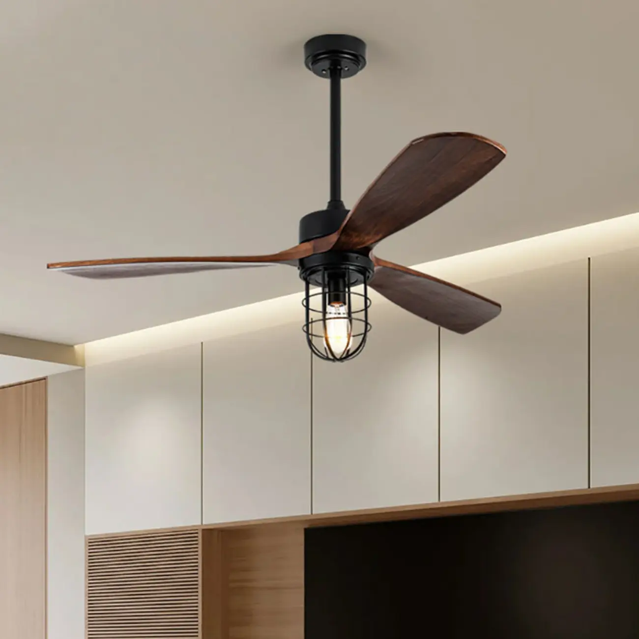 52" Solid Wood Black 3-Blade Cage Ceiling Fan with Light Image - 1 | homeyfad