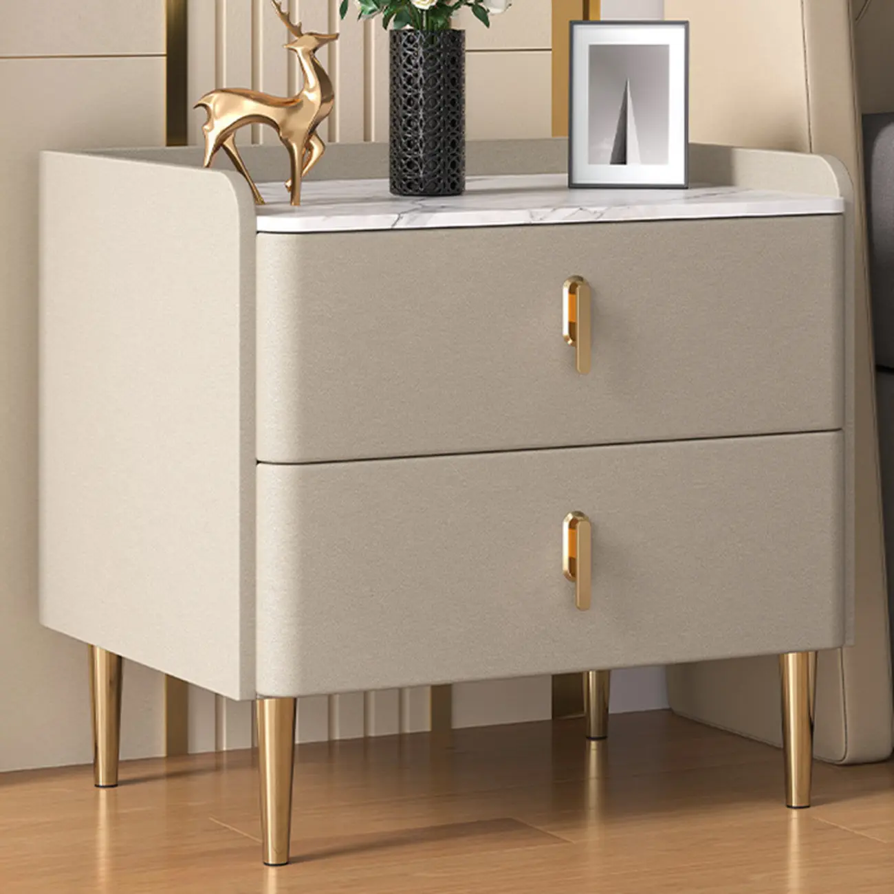 Modern Stone Top Leather Drawers Nightstand with Golden Legs Image - 1 | homeyfad