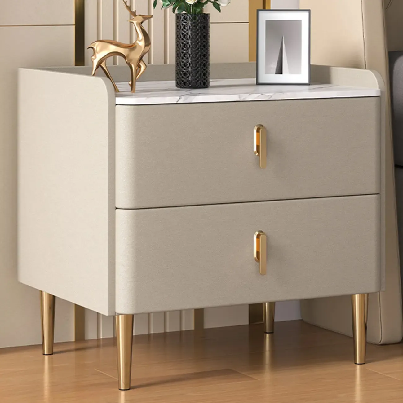 Modern Stone Top Leather Drawers Nightstand with Golden Legs Image - 1
