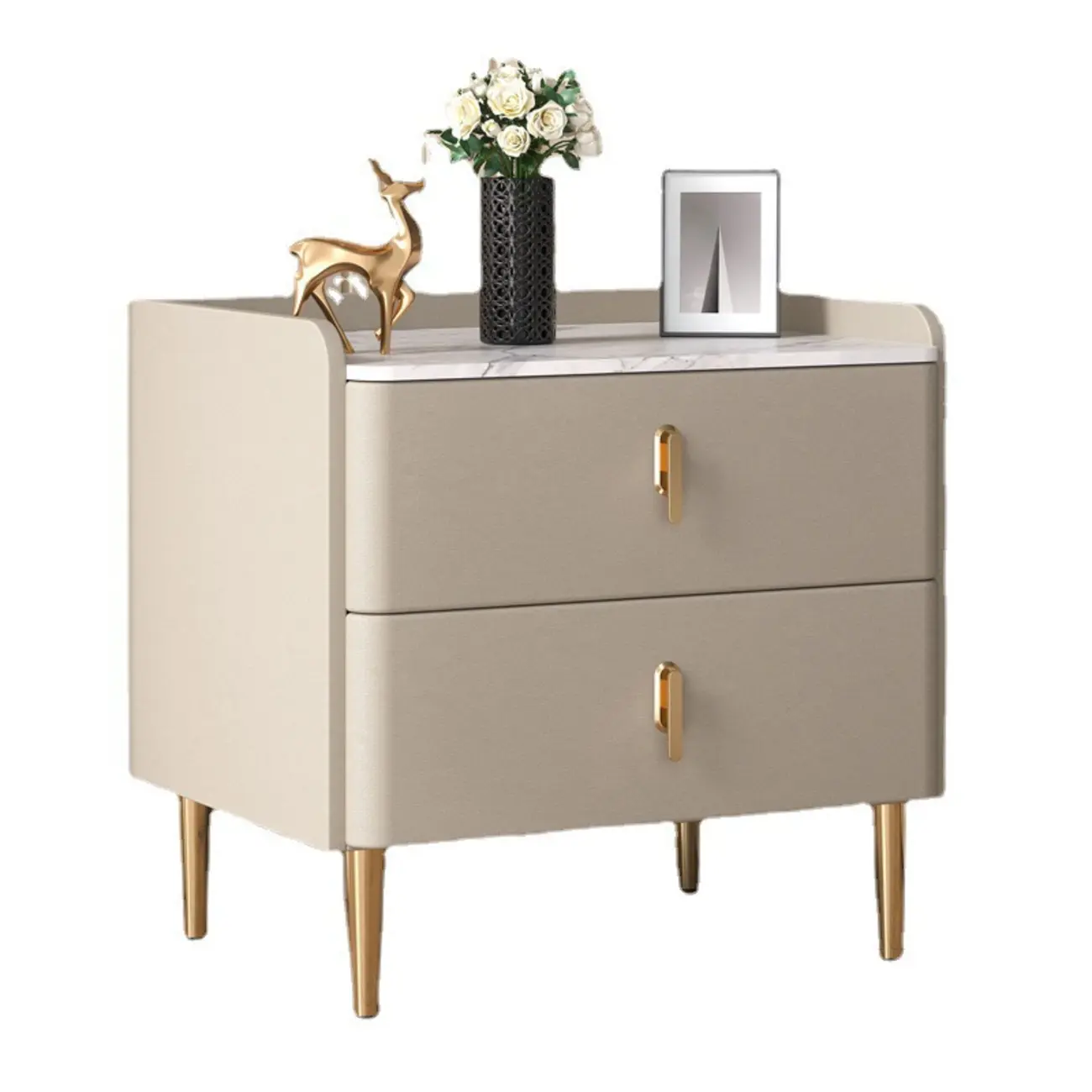 Modern Stone Top Leather Drawers Nightstand with Golden Legs Image - 9 | homeyfad