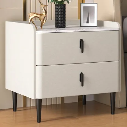 Modern Stone Top Leather Drawers Nightstand with Golden Legs Image - 2