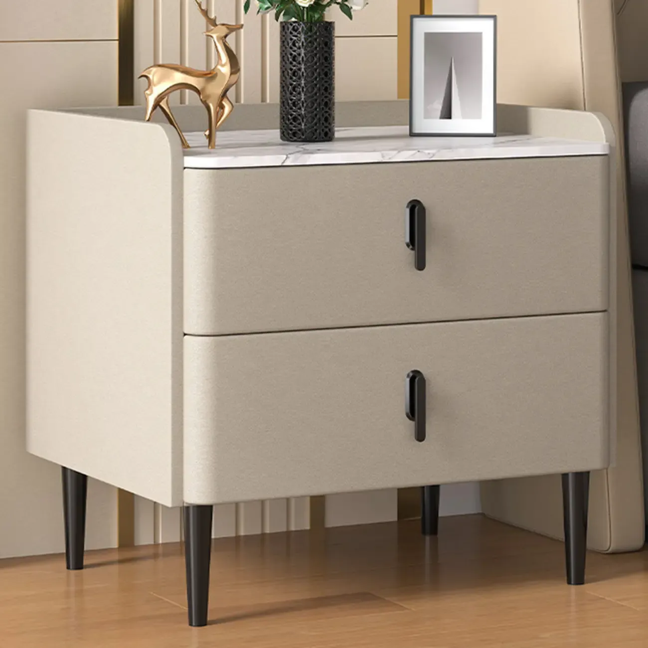 Modern Stone Top Leather Drawers Nightstand with Golden Legs Image - 4