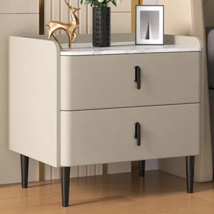 Modern Stone Top Leather Drawers Nightstand with Golden Legs Image - 4