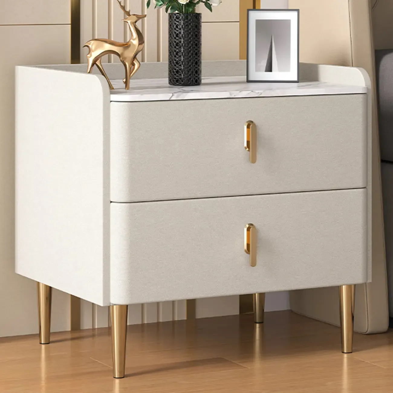 Modern Stone Top Leather Drawers Nightstand with Golden Legs Image - 3