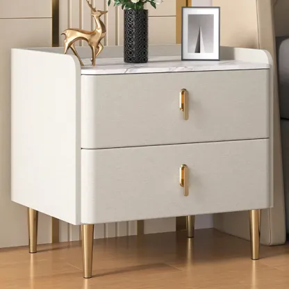 Modern Stone Top Leather Drawers Nightstand with Golden Legs Image - 3