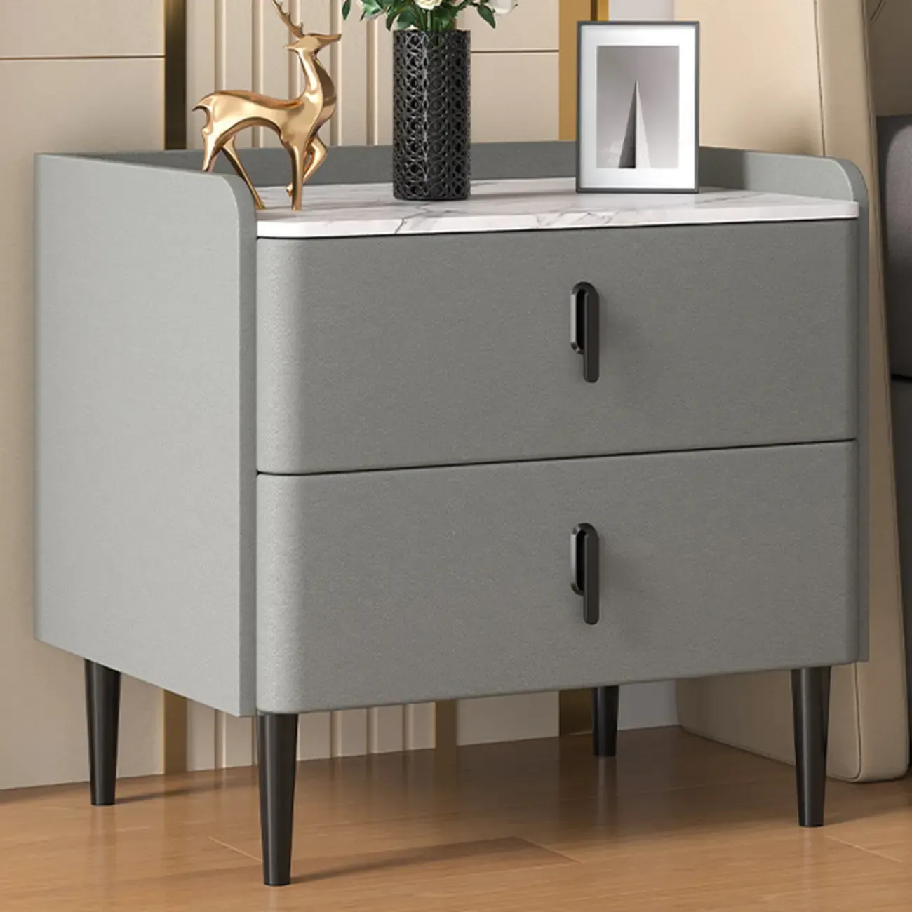 Modern Stone Top Leather Drawers Nightstand with Golden Legs Image - 5