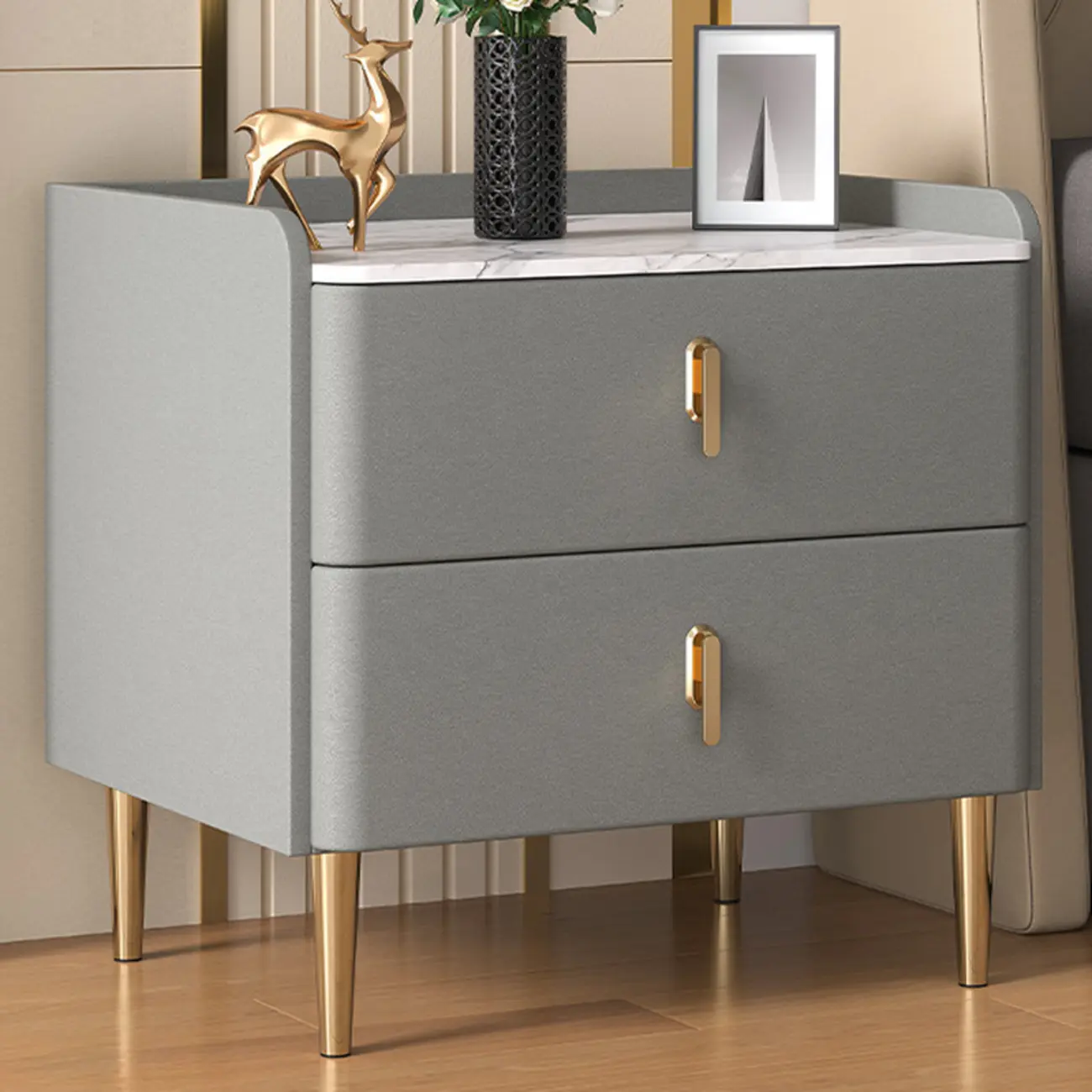 Modern Stone Top Leather Drawers Nightstand with Golden Legs Image - 6 | homeyfad
