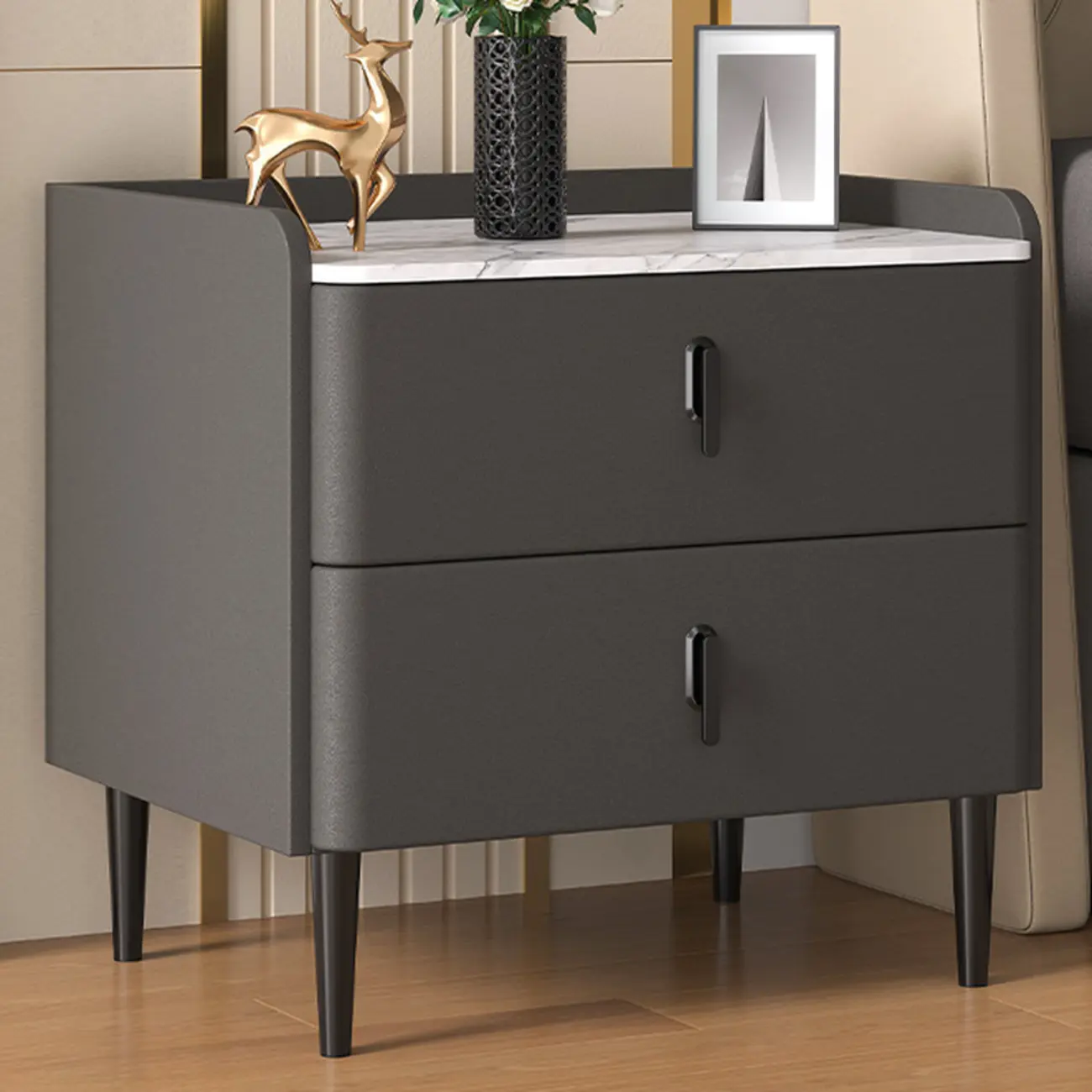 Modern Stone Top Leather Drawers Nightstand with Golden Legs Image - 7 | homeyfad