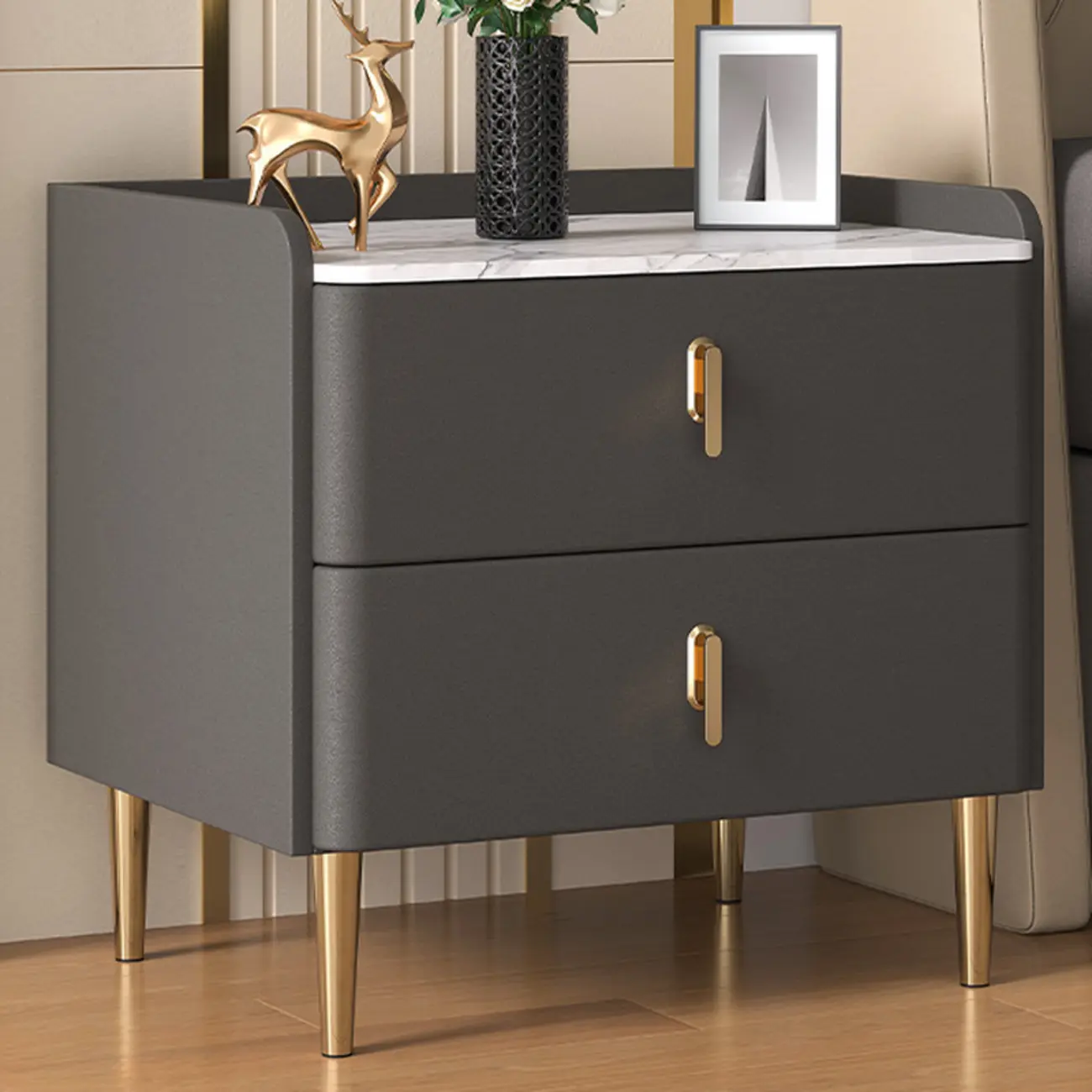 Modern Stone Top Leather Drawers Nightstand with Golden Legs Image - 8 | homeyfad