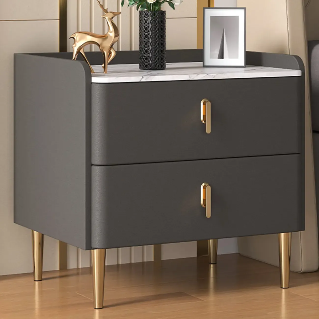 Modern Stone Top Leather Drawers Nightstand with Golden Legs Image - 8