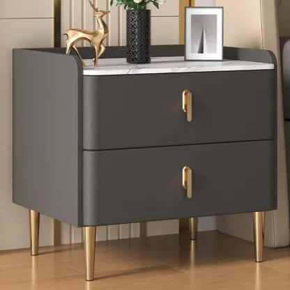 Modern Stone Top Leather Drawers Nightstand with Golden Legs Image - 8