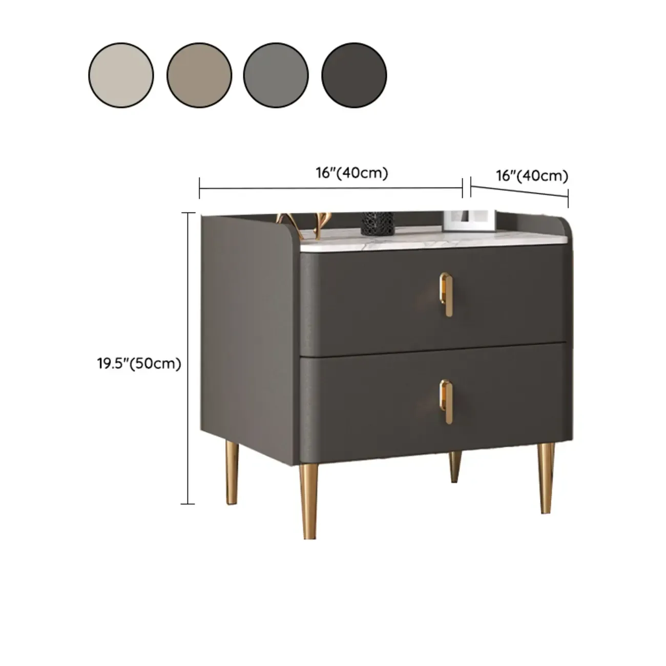 Modern Stone Top Leather Drawers Nightstand with Golden Legs #size