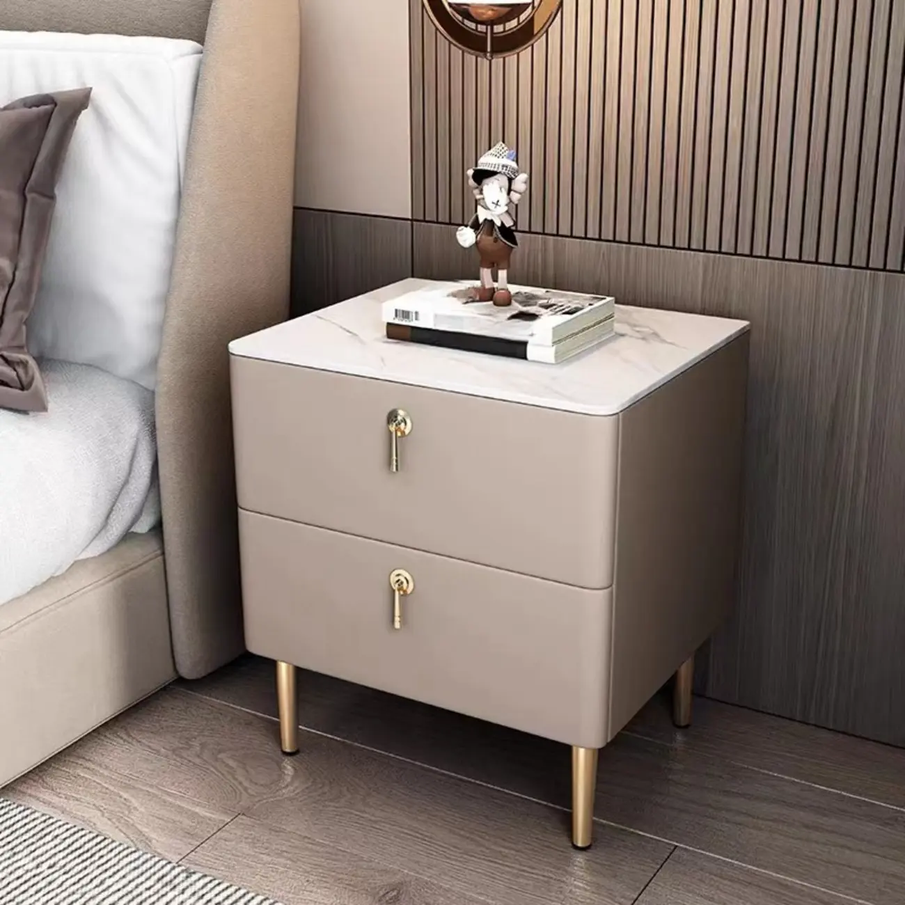Modern Stone Top Gold Accents Leather 2 Drawer Nightstand Image - 1 | homeyfad